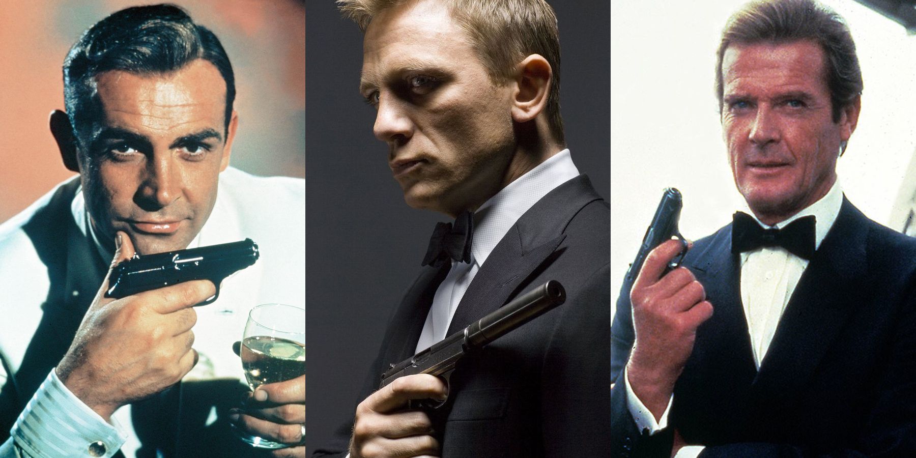 Sean Connery, Daniel Craig, & Roger Moore holding a gun in James Bond films.