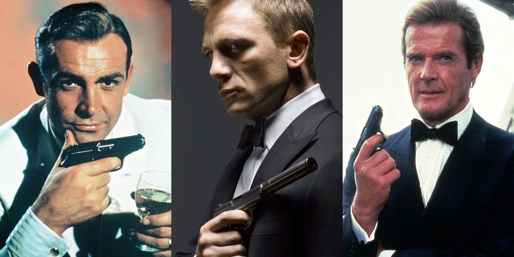 Sean Connery, Daniel Craig e Roger Moore segurando uma arma em filmes de James Bond.