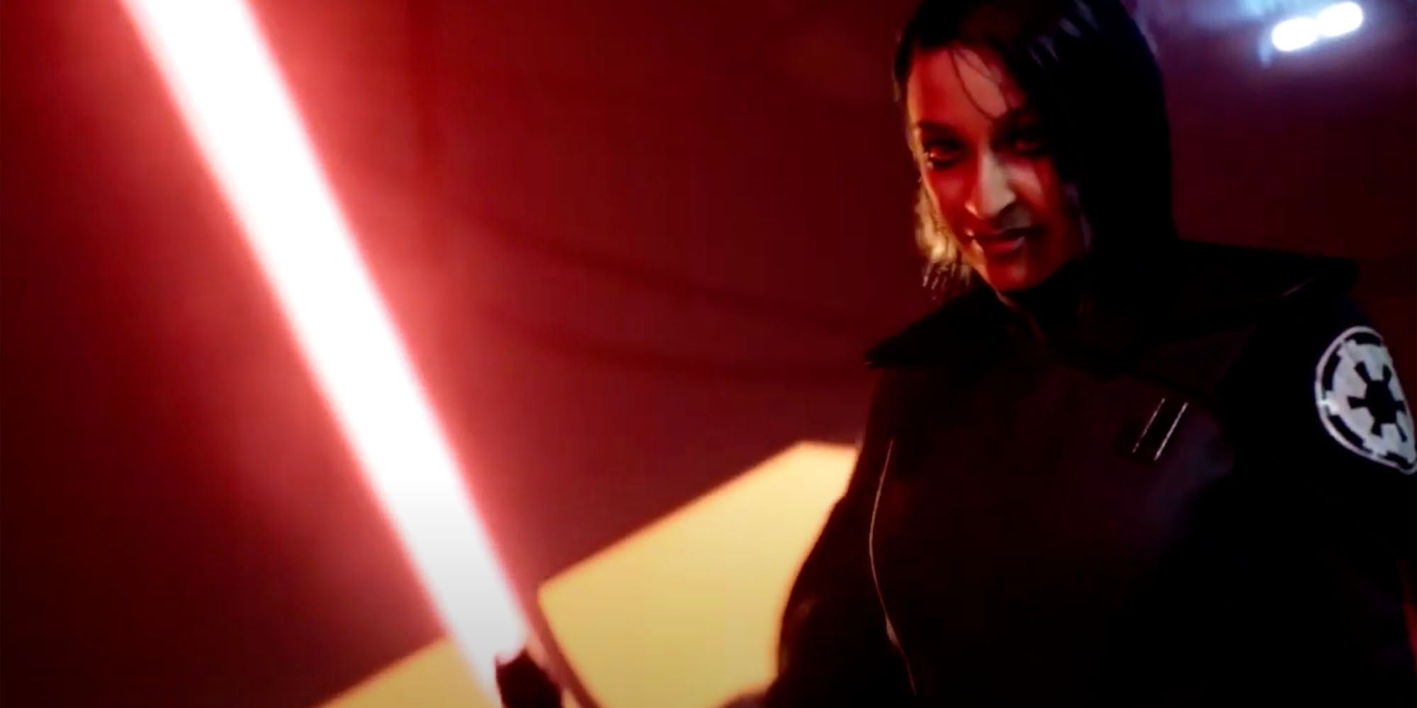 Trilla holding her red lightsaber in Star Wars Jedi: Fallen Order.