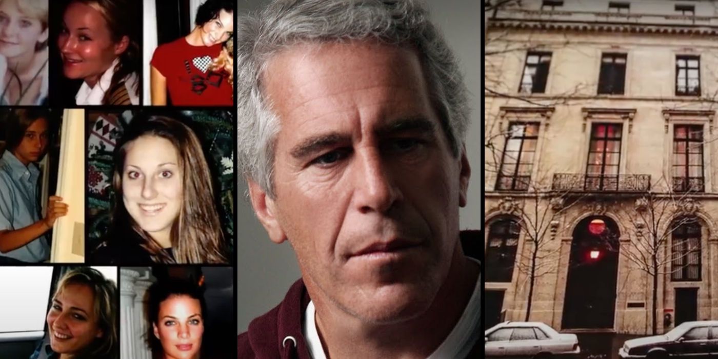 Jeffrey Epstein: Filthy Rich documentary promo photo featuring a collage of young women, Jeffrey Epstein, and an apartment building