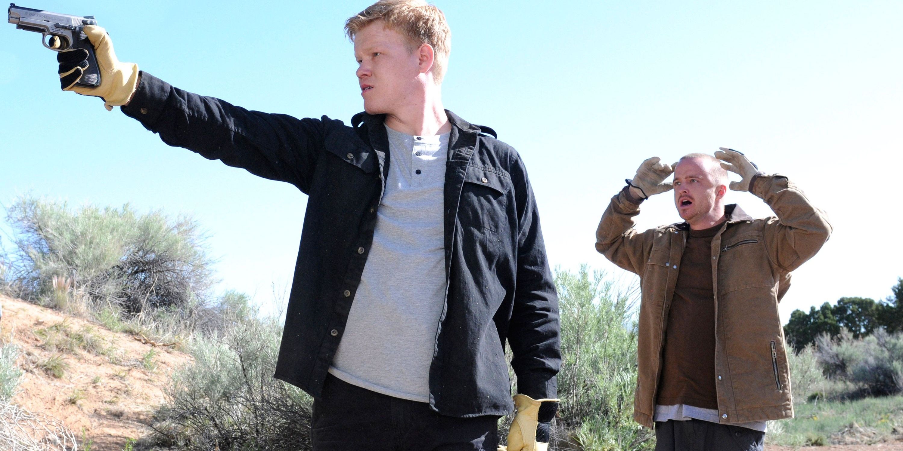 Jesse Plemons as Todd aiming a gun outside and Aaron Paul as Jesse Pinkman in Breaking Bad