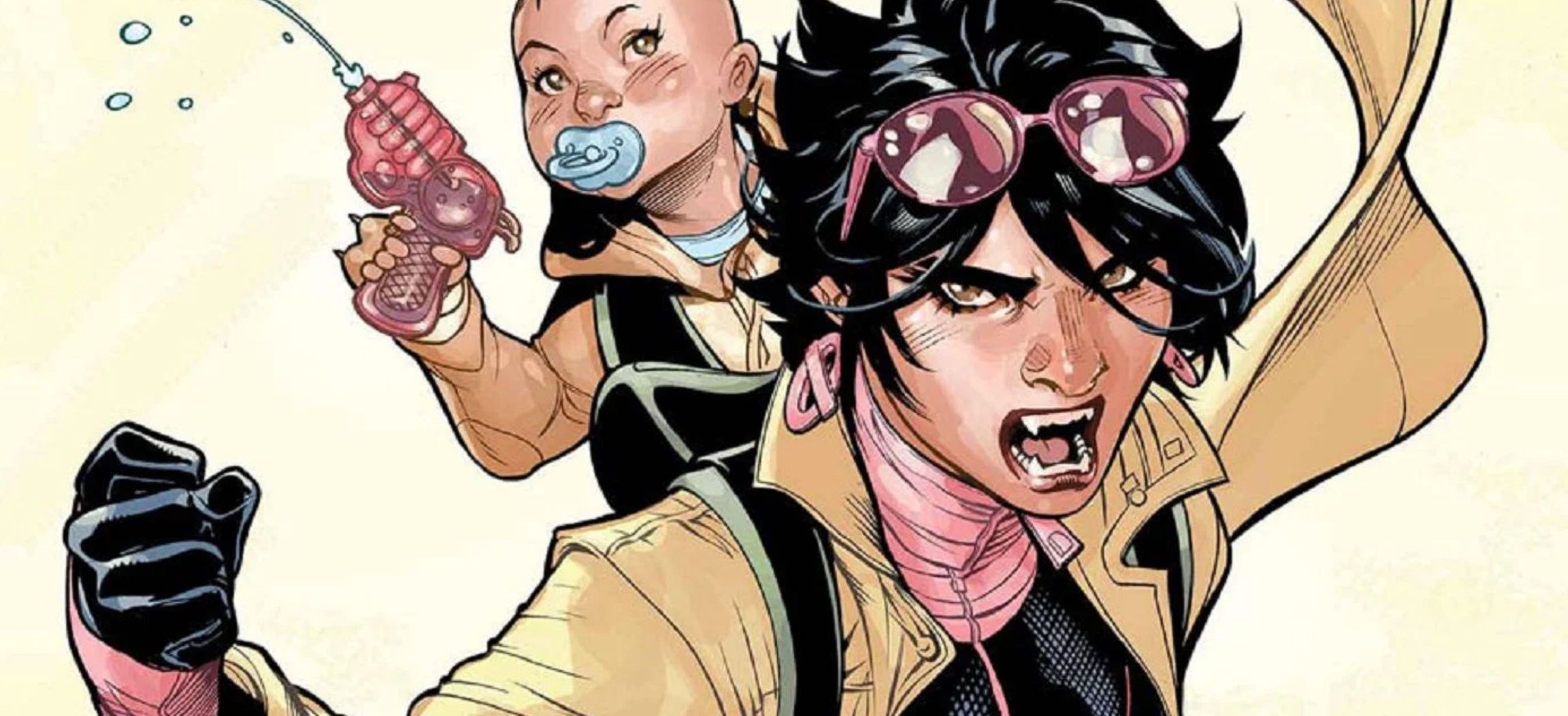 Jubilee bares her fangs and carries a baby on her back in Marvel comics