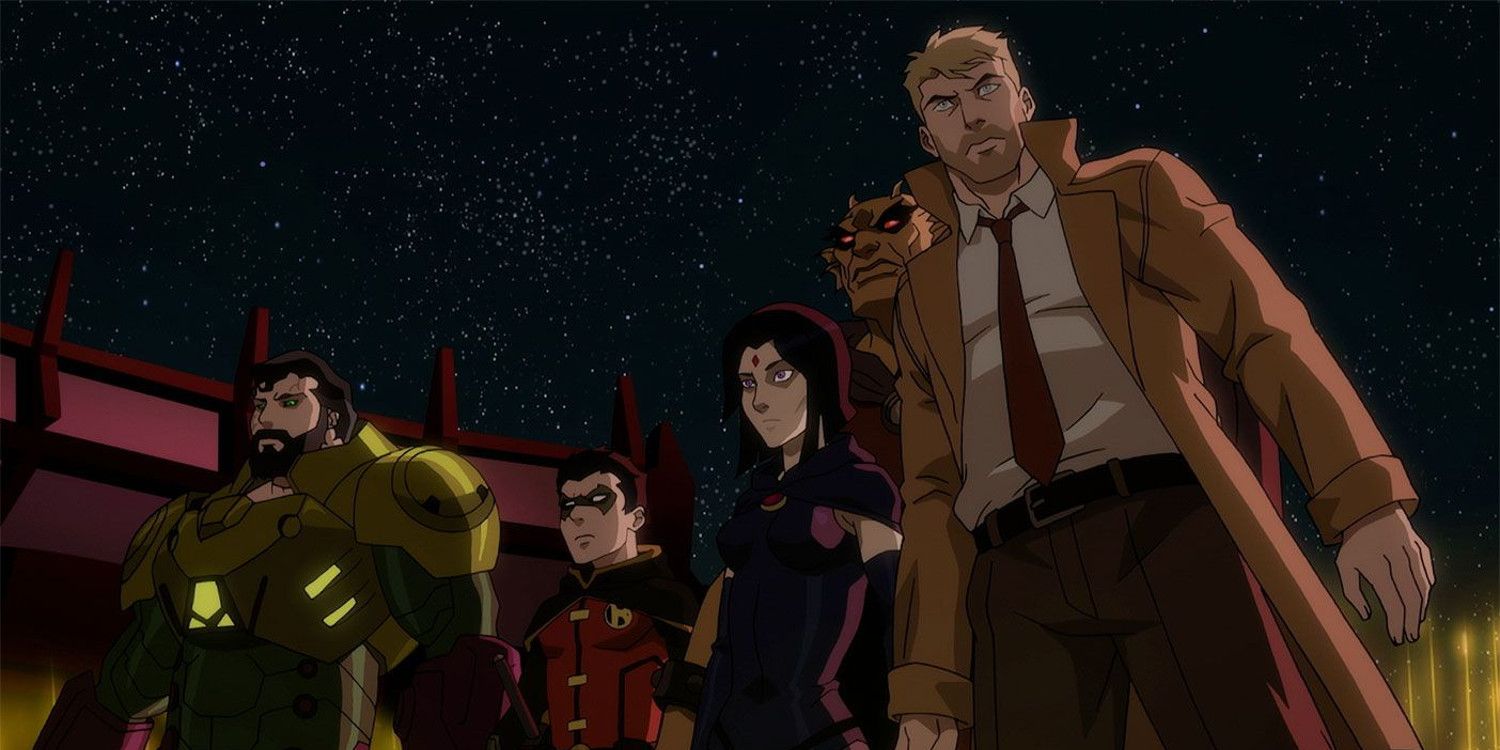 An image of Superman, Robin, Raven, John Constantine, and Etrigan The Demon standing together in a line in the Justice League