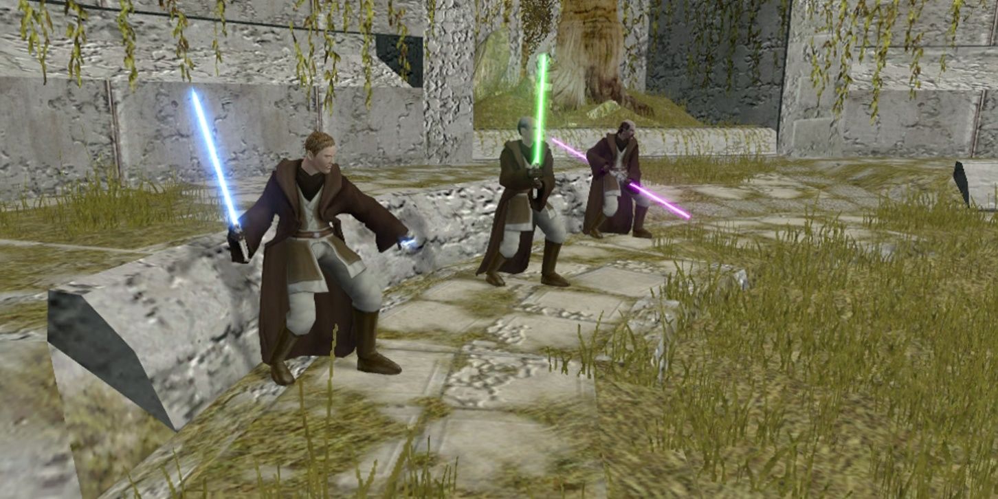 Three Jedi in the overgrown ruins of Dantooine's Jedi Enclave in KOTOR 2.