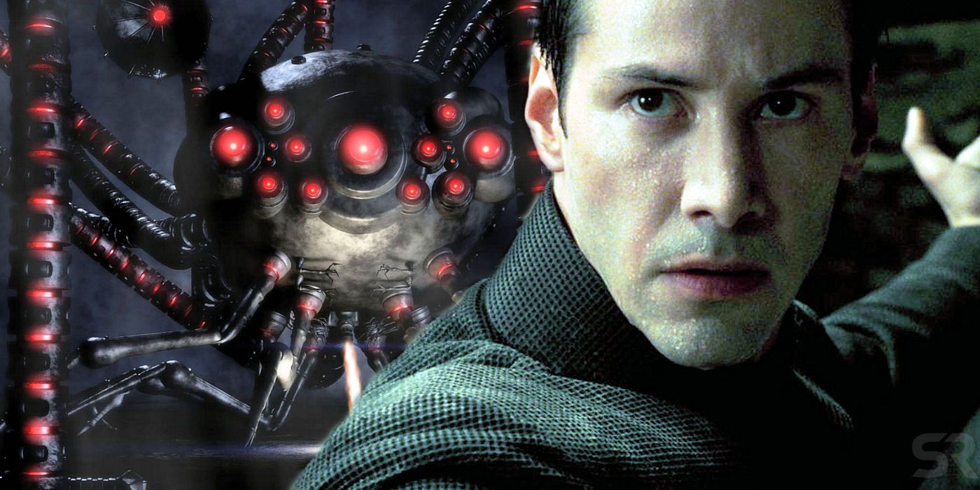 Keanu Reeves as Neo in The Matrix Reloaded with a Sentinel