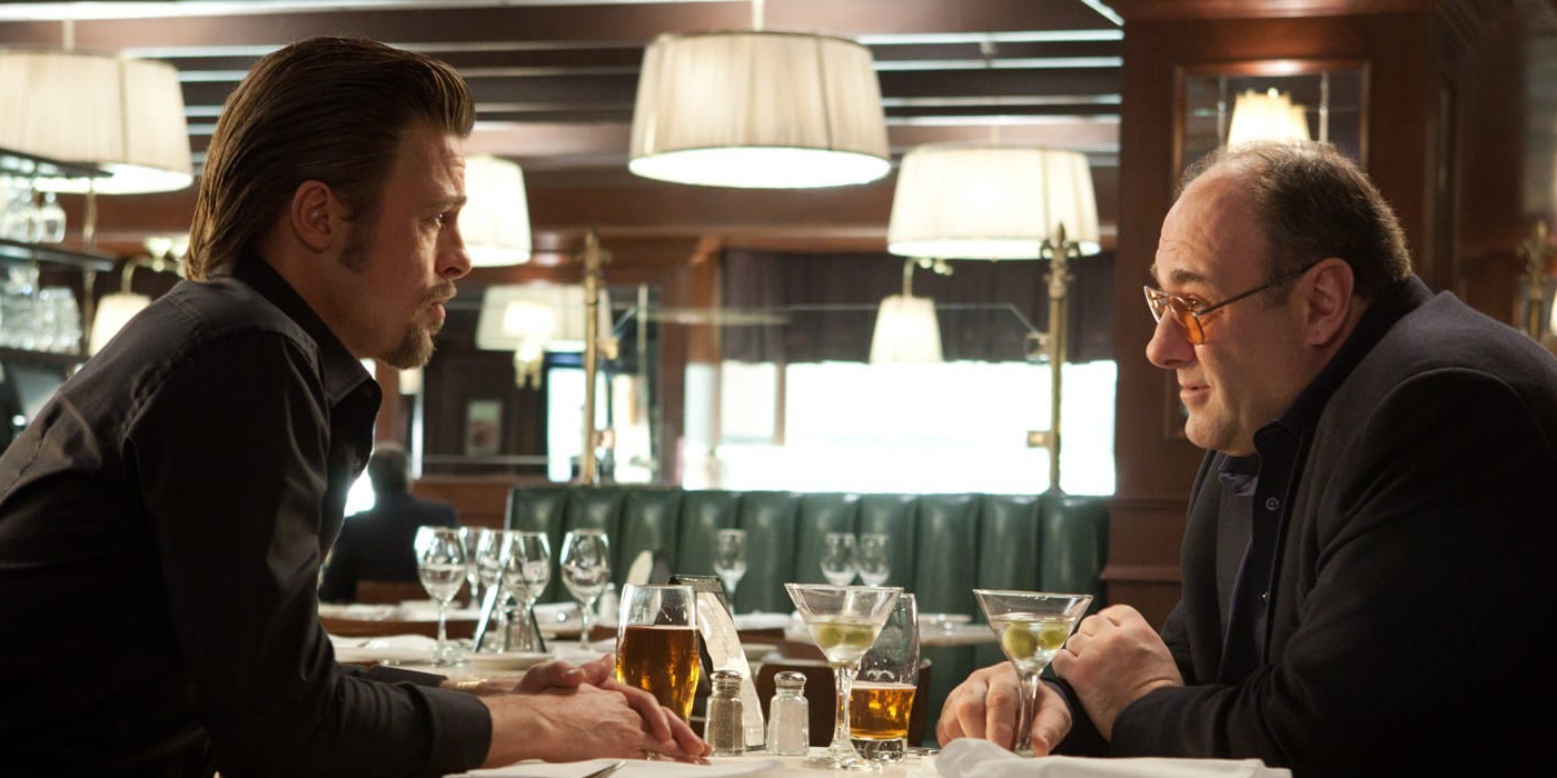 Brad Pitt and James Gandolfini talking in a bar in Killing Them Softly