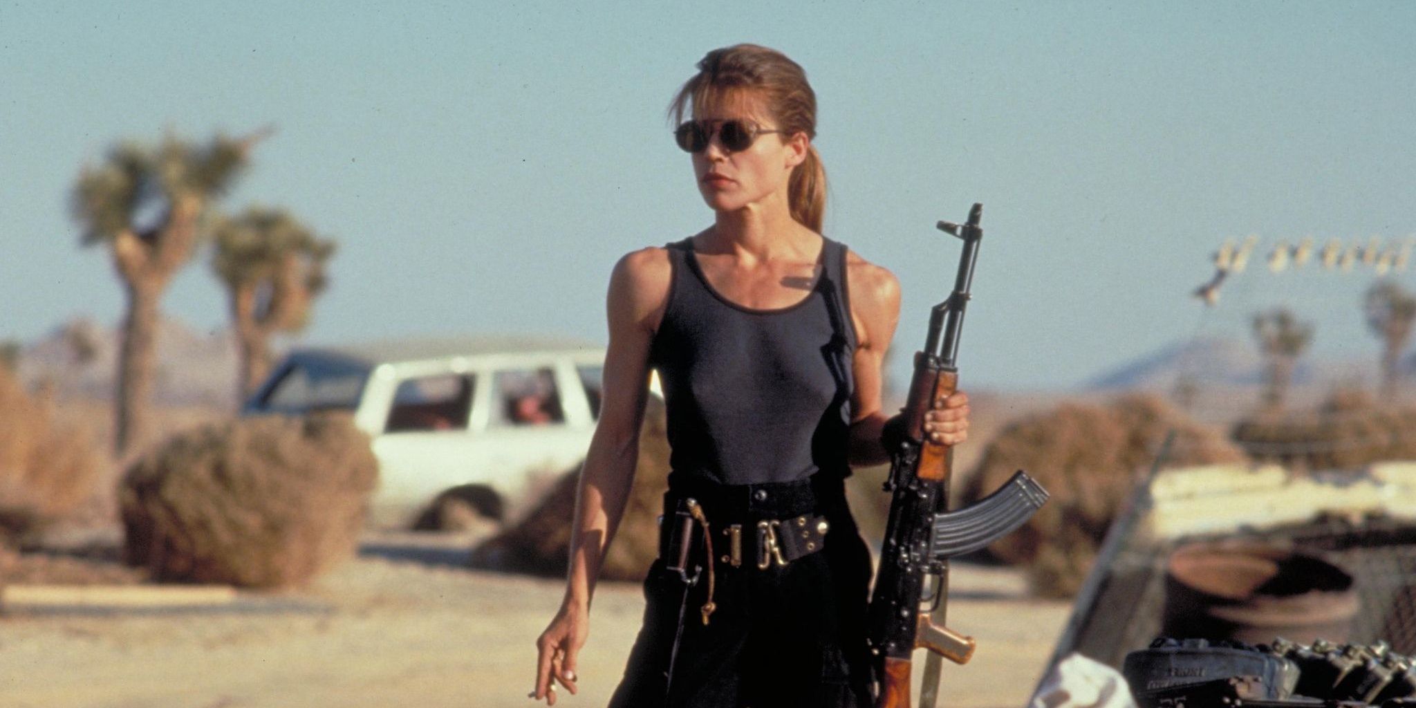Sarah Connor holding a machine gun in Terminator 2 Judgment Day