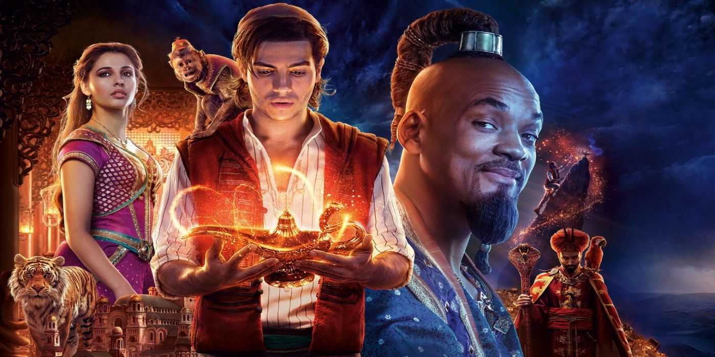 A cropped poster for the live-action Aladdin features Jasmine, Aladdin, Genie, and Jafar