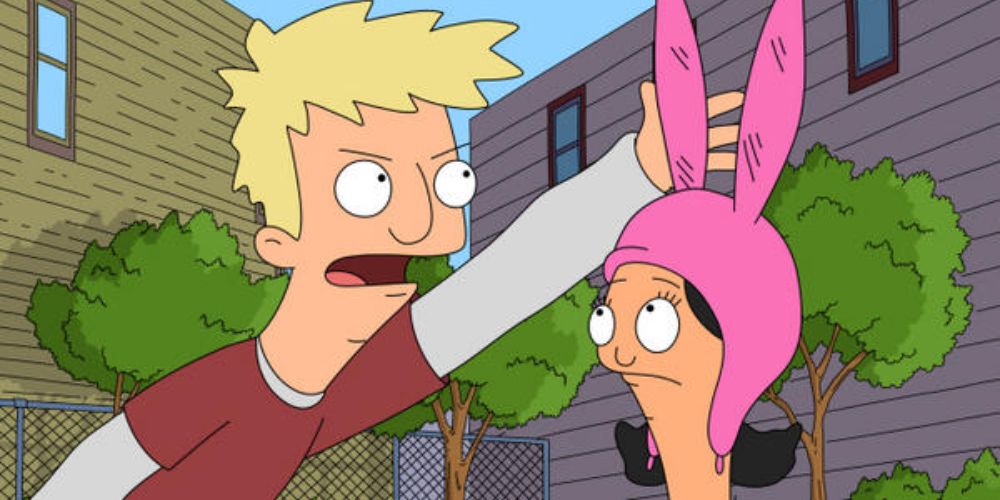 Logan reaches out to grab Louise's hat on Bob's Burgers