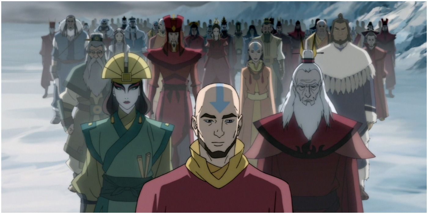 Aang in front of all of the past Avatars in an image from The Legend of Korra