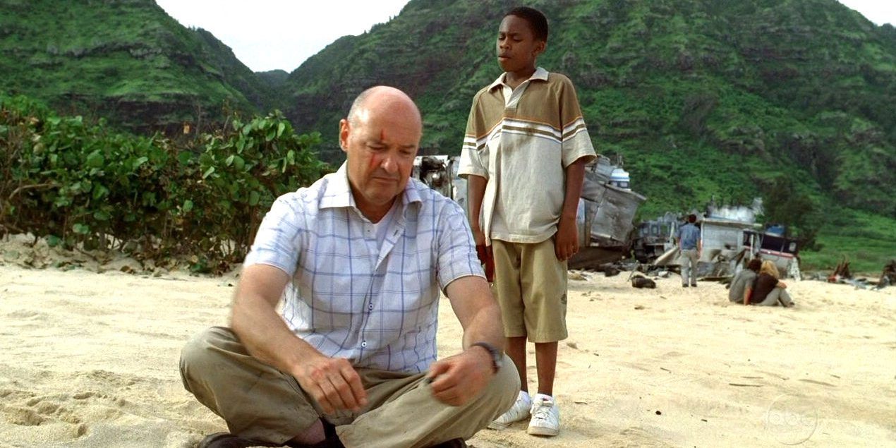 Walt comes up to talk to Locke on the beach in the pilot of Lost