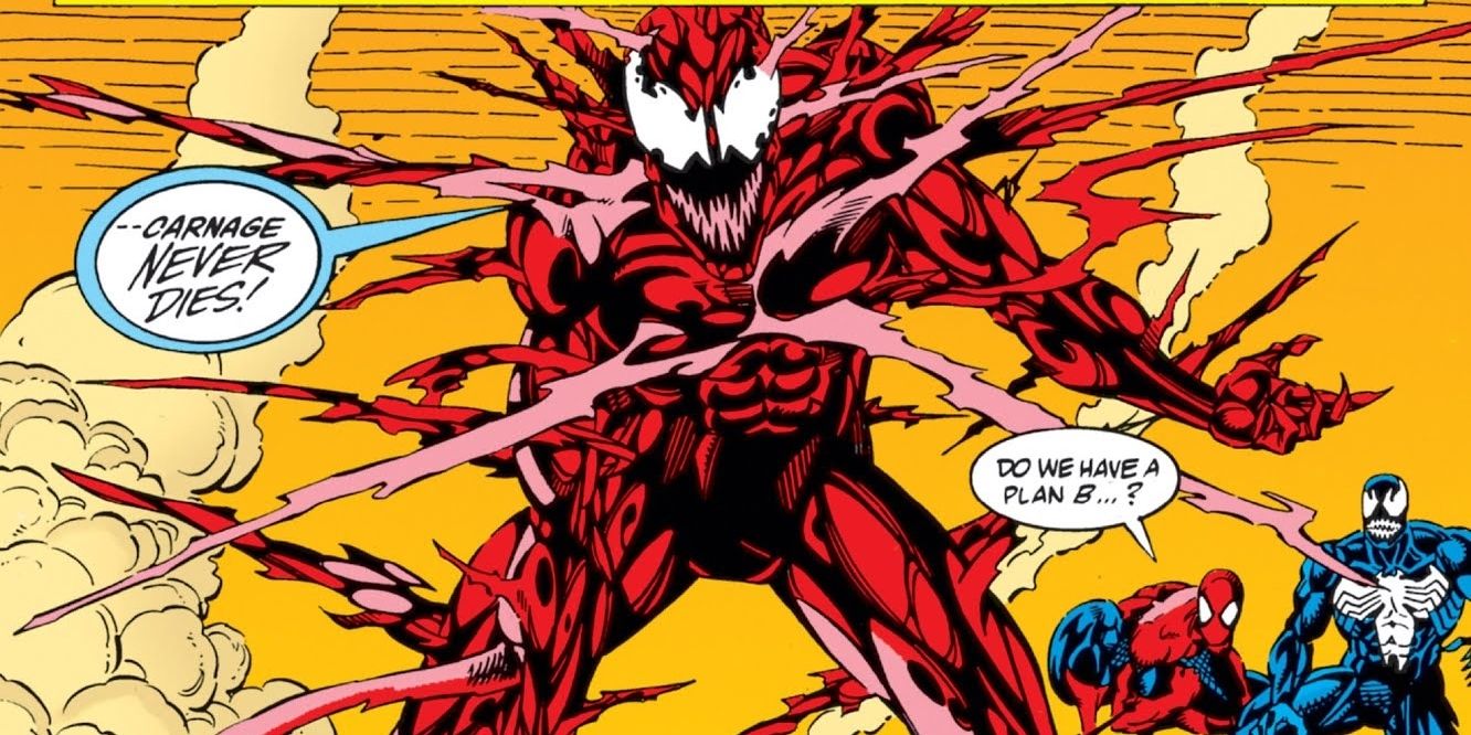 Carnage expresses its invincibility while Spider-Man and Venom look on