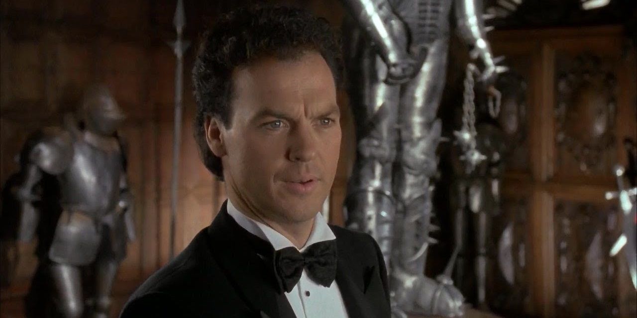 Michael Keaton as Brussels Wayne dressed in a tuxedo in Batman 