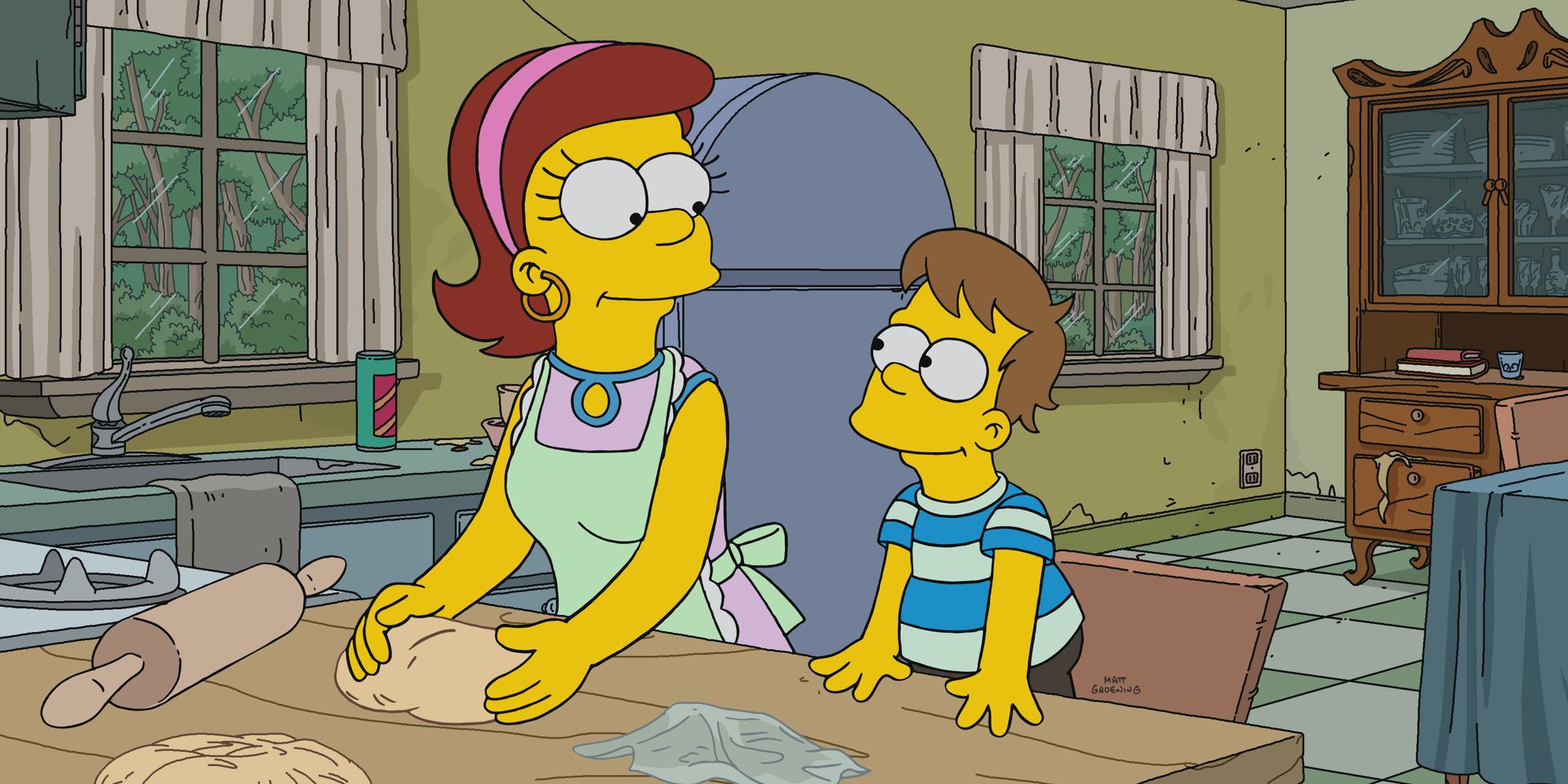 Mona making dough with a young Homer in The Simpsons