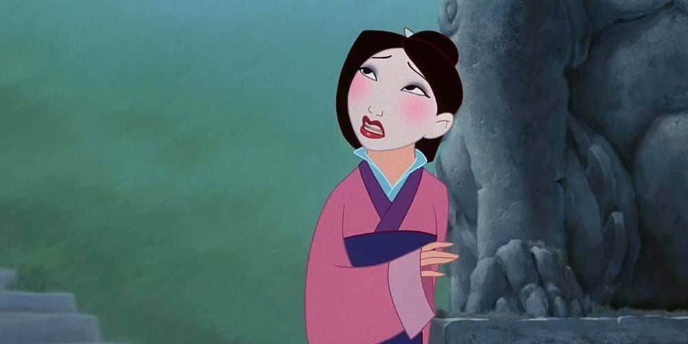 Mulan leaning against a tree and singing