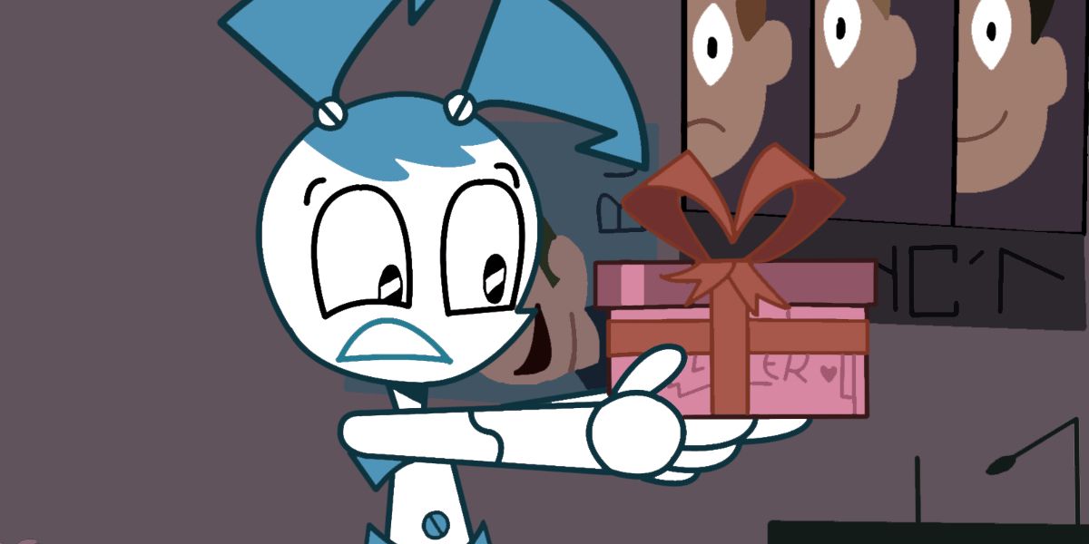 Jenny looking at a present with shock in My Life As A Teenage Robot