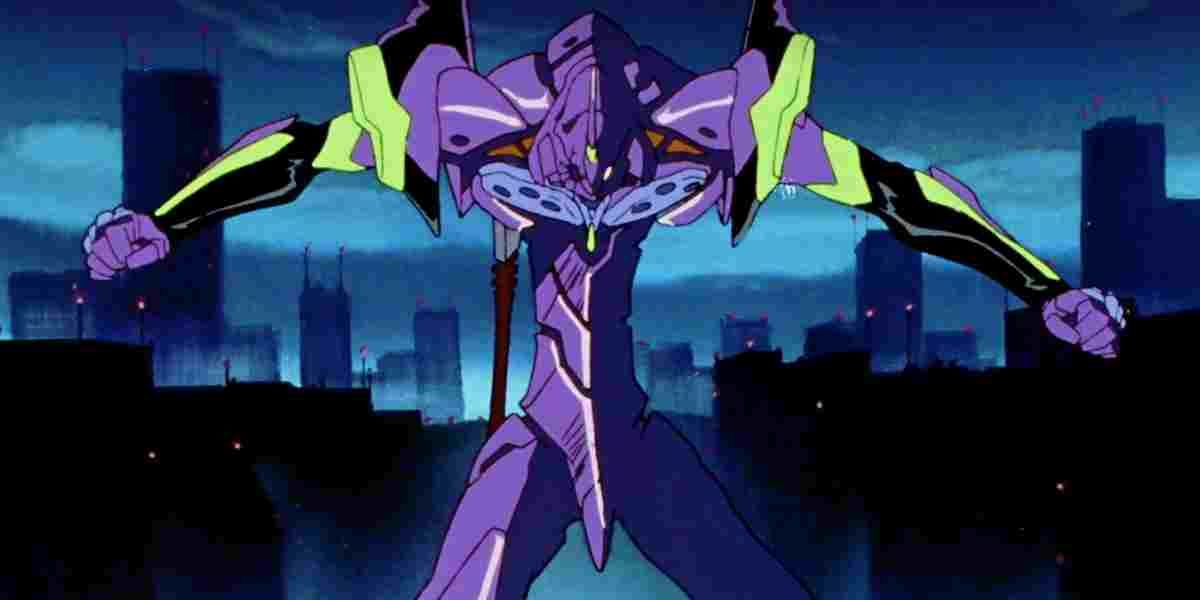 A robot againsgt a city backdrop in Neon Genesis Evangelion