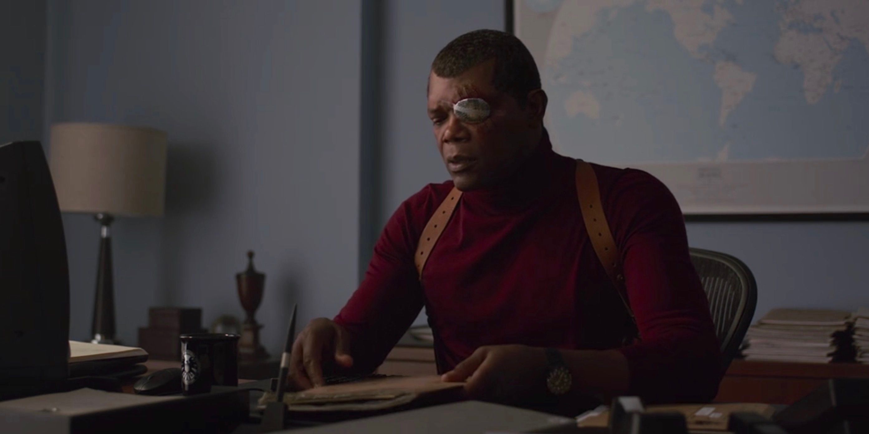 Nick Fury with his eye patch on at the end of Captain Marvel (2019)
