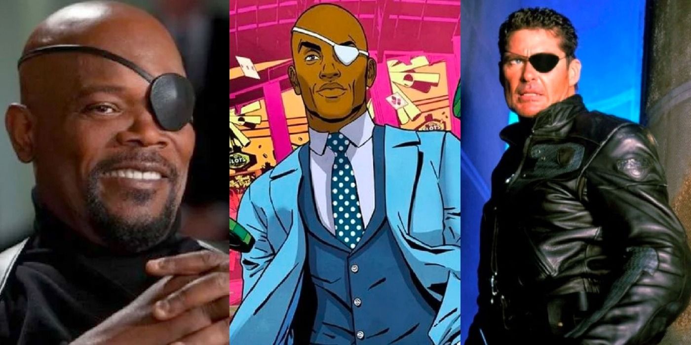 A split image depicts Samuel L. Jackson as Nick Fury, Nick Fury in the Ultimates comics, and David Hasselhoff as Nick Fury