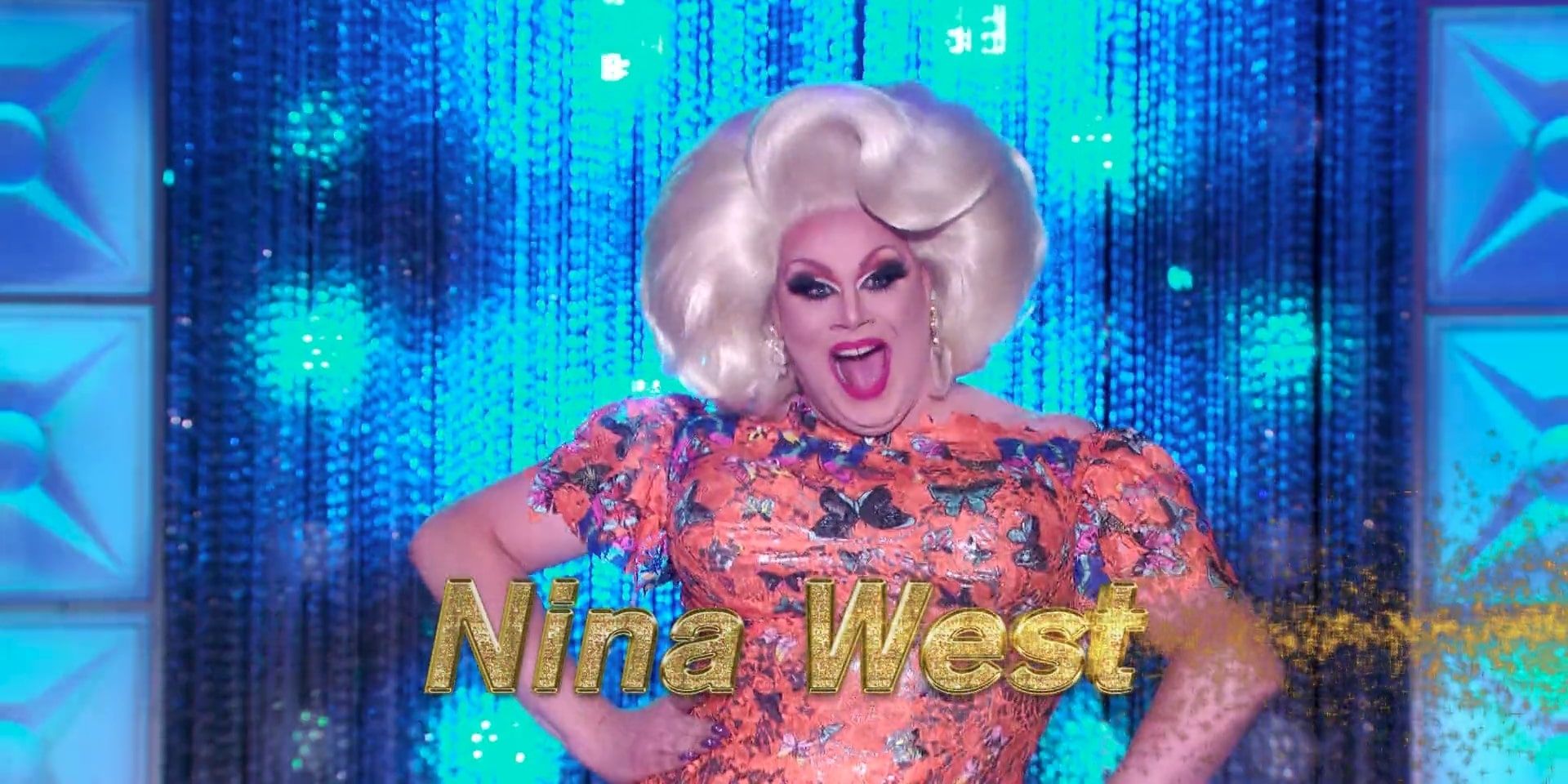 Nina West poses on the main stage in RuPaul's Secret Celebrity Drag Race.