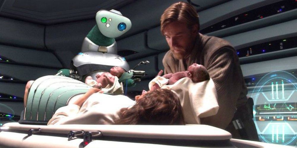 Obi-Wan comforts Padmé after she gives birth to Luke and Leia in Revenge of the Sith