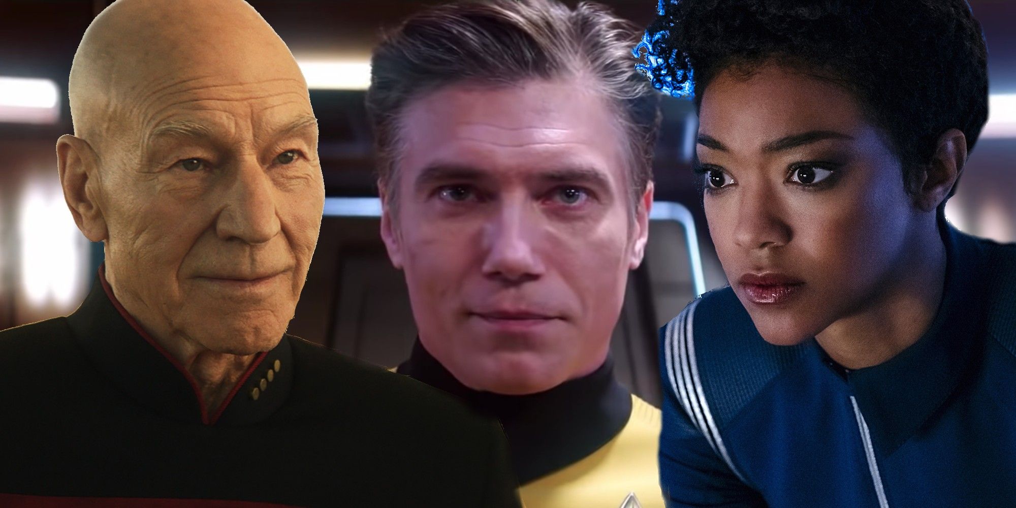 Patrick Stewart as Jean-Luc Picard in Star Trek, Anson Mount as Christopher Pike and Sonequa Martin Green as Michael Burnham in Discovery