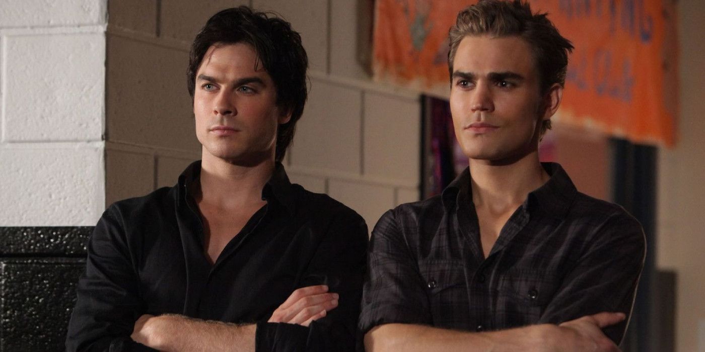 An image of Stefan and Damon standing together in The Vampire Diaries