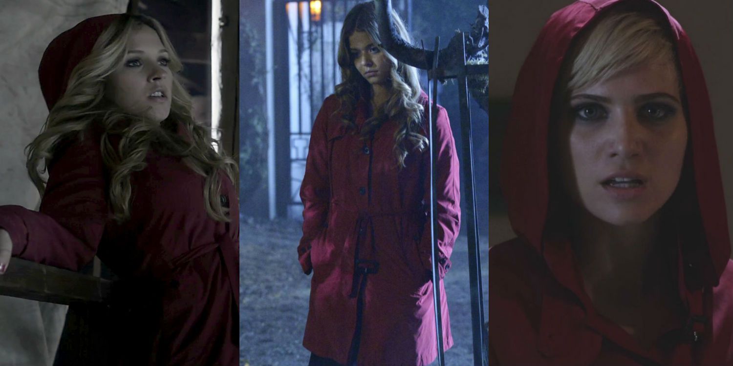 Split image showing three girls wearing the red coat in Pretty Little Liars