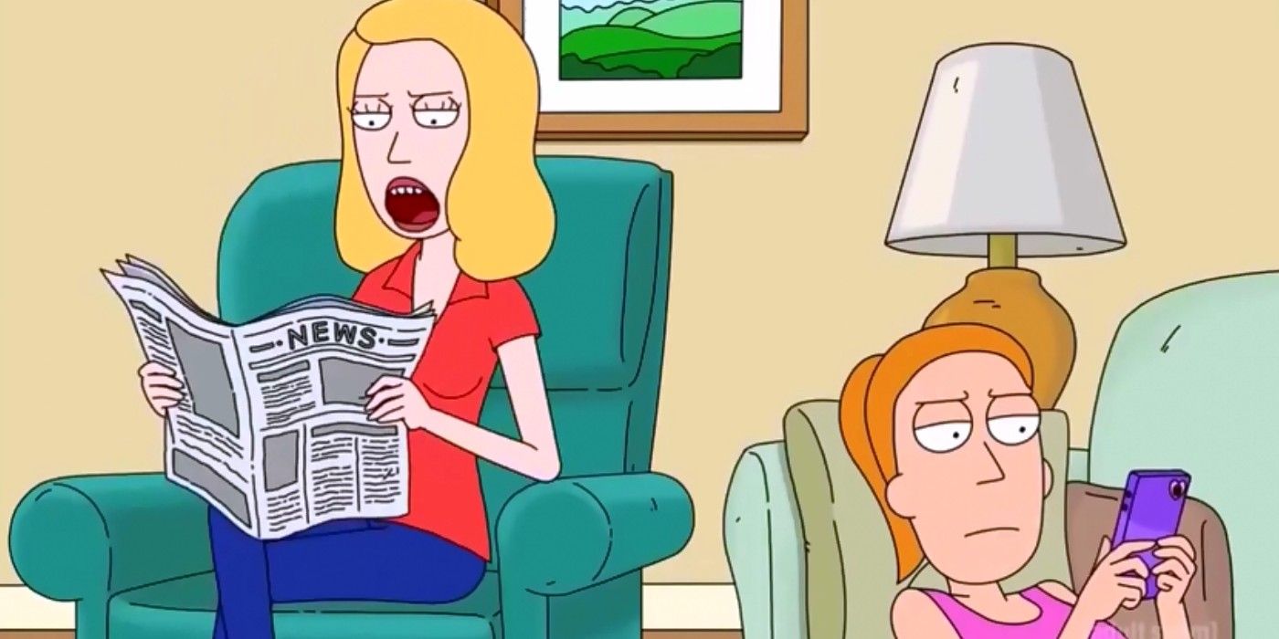 Beth reads the newspaper while Summer is on her phone in Rick and Morty