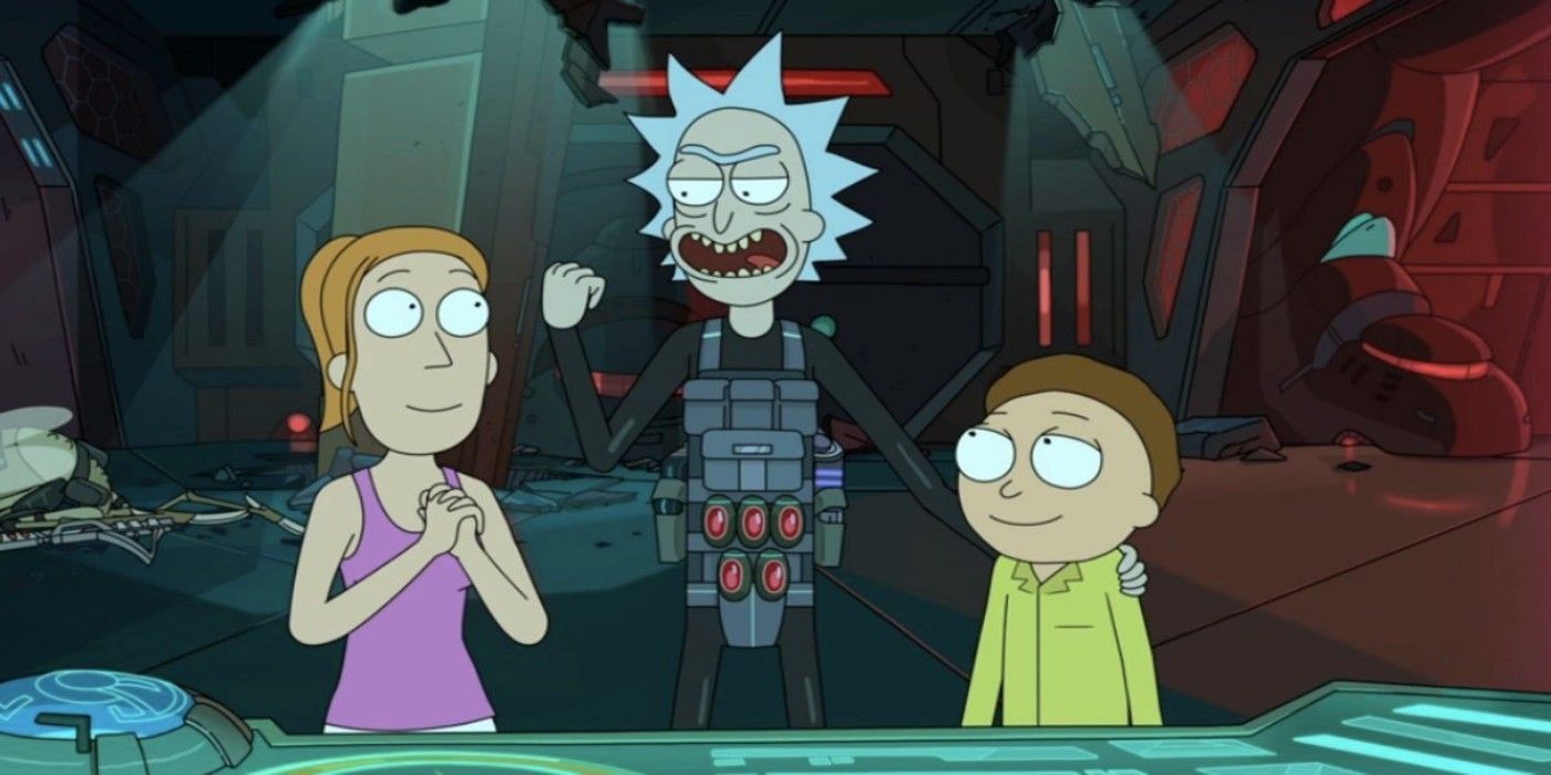 Rick grins while strped with weapons in Rick and Morty