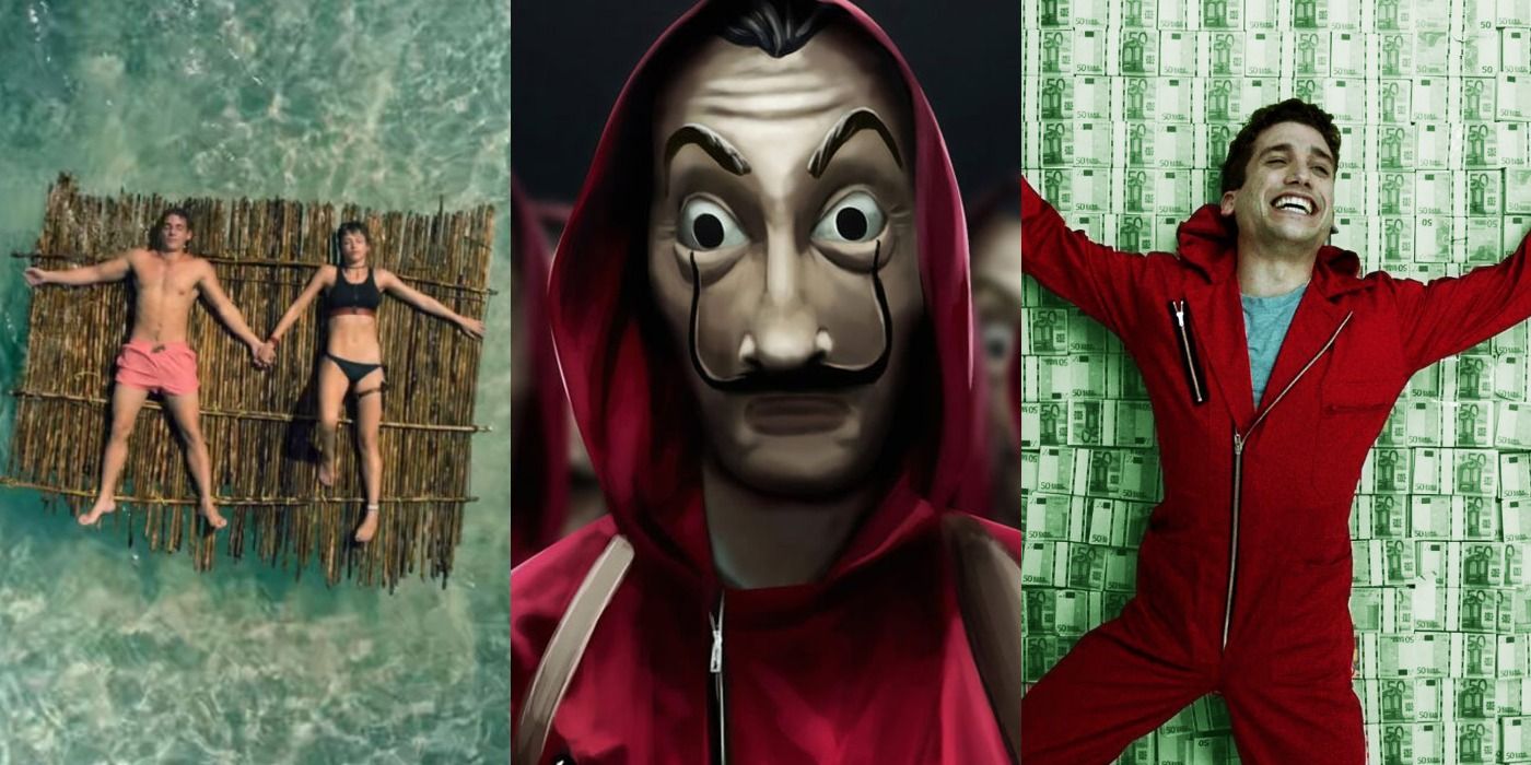 Split image showing Rio and Tokyo on a raft, a character wearing a Dali mask, and Denver on a pile of money in Money Heist.