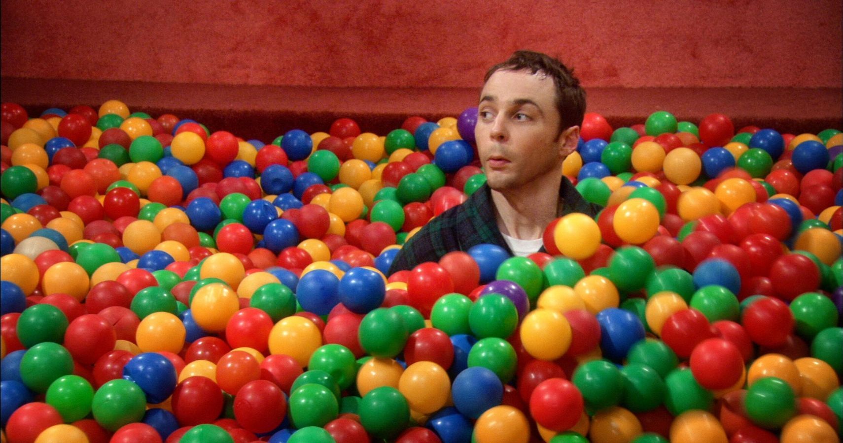 Sheldon yelling Bazinga in the ball pit on the Big Bang theory