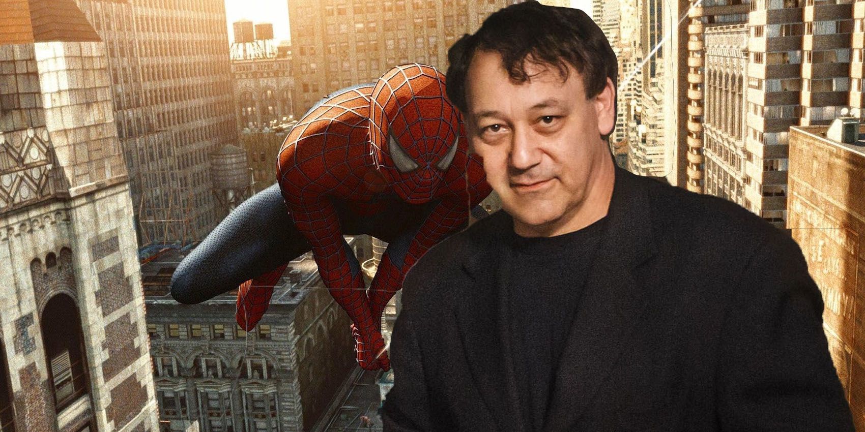 Sam Raimi in front of Spider-Man 2 image