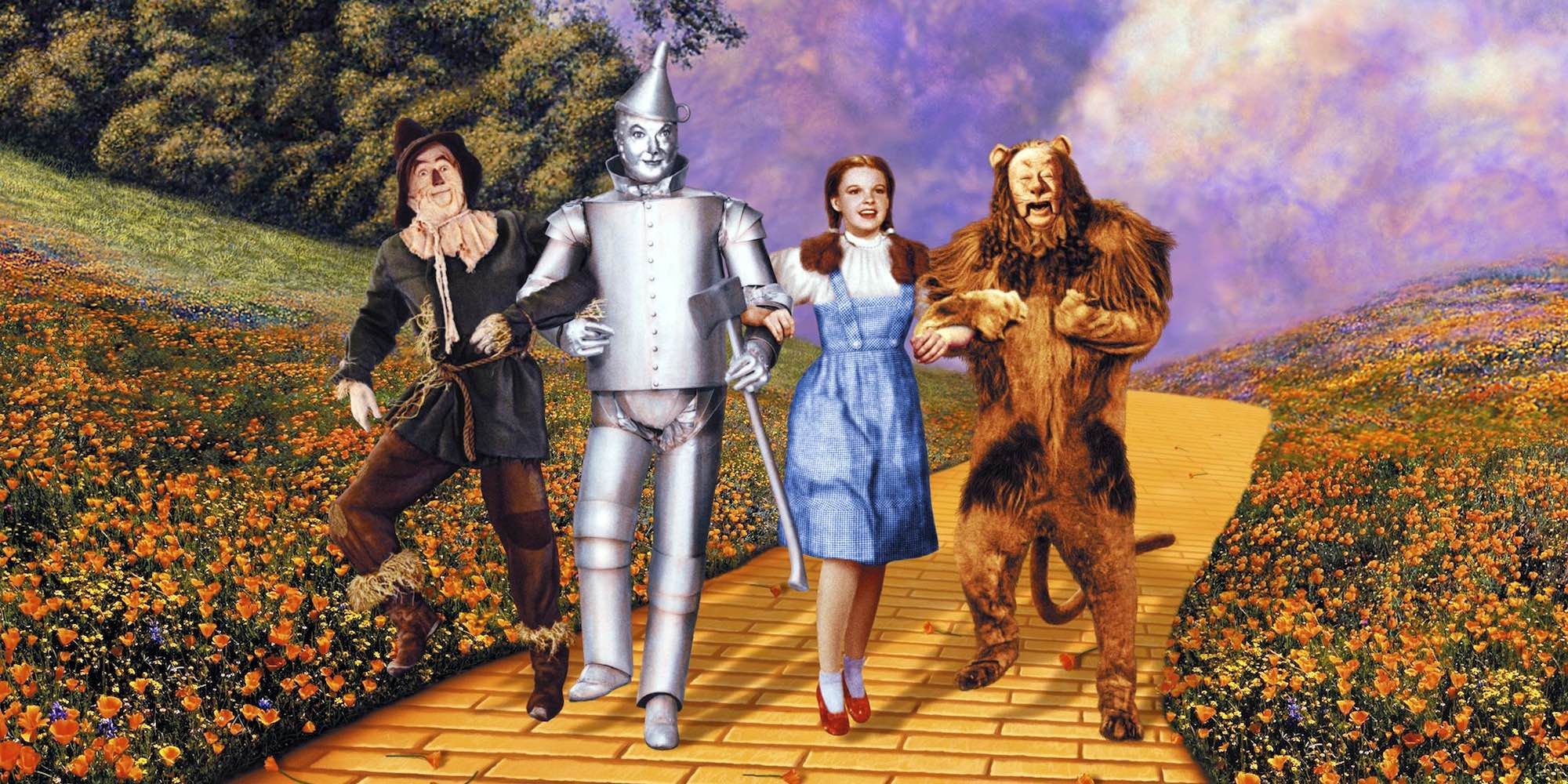 Scarecrow, Tin Man, Dorothy and the Lion on the Yellow Brick Road in The Wizard of Oz