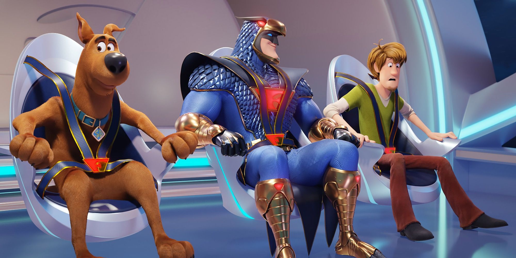 Scooby-Doo voiced by Frank Welker, Blue Falcon voiced by Mark Wahlberg and Shaggy voiced by Will Forte in Scoob!