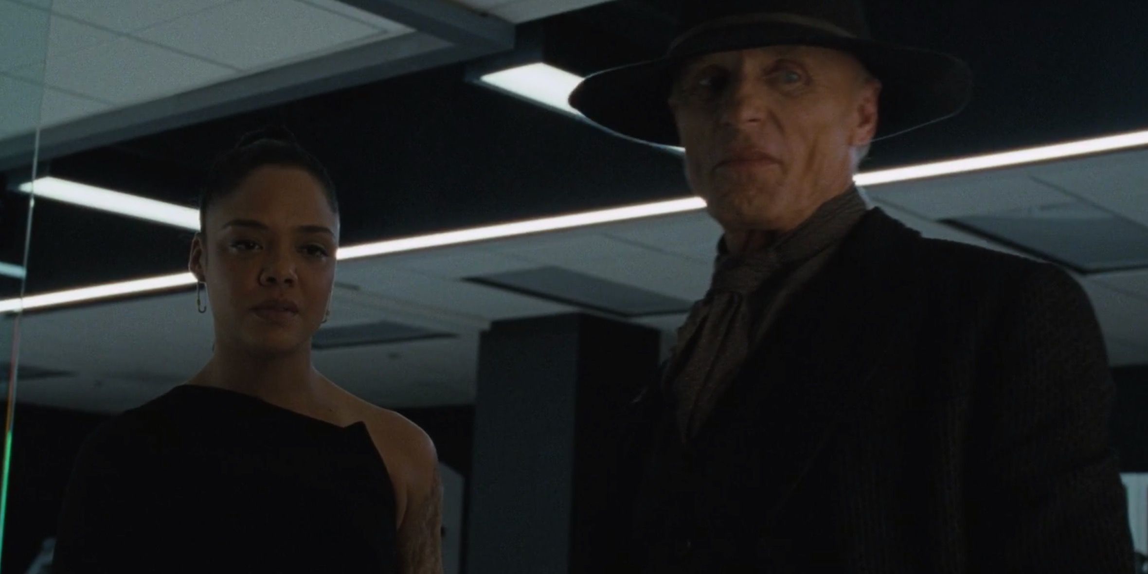 Charlotte Hale/Dolores Abernathy and William standing together in Westworld
