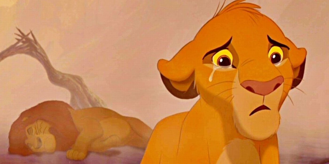 Simba crying as he walks away from a dead Mufasa in The Lion King