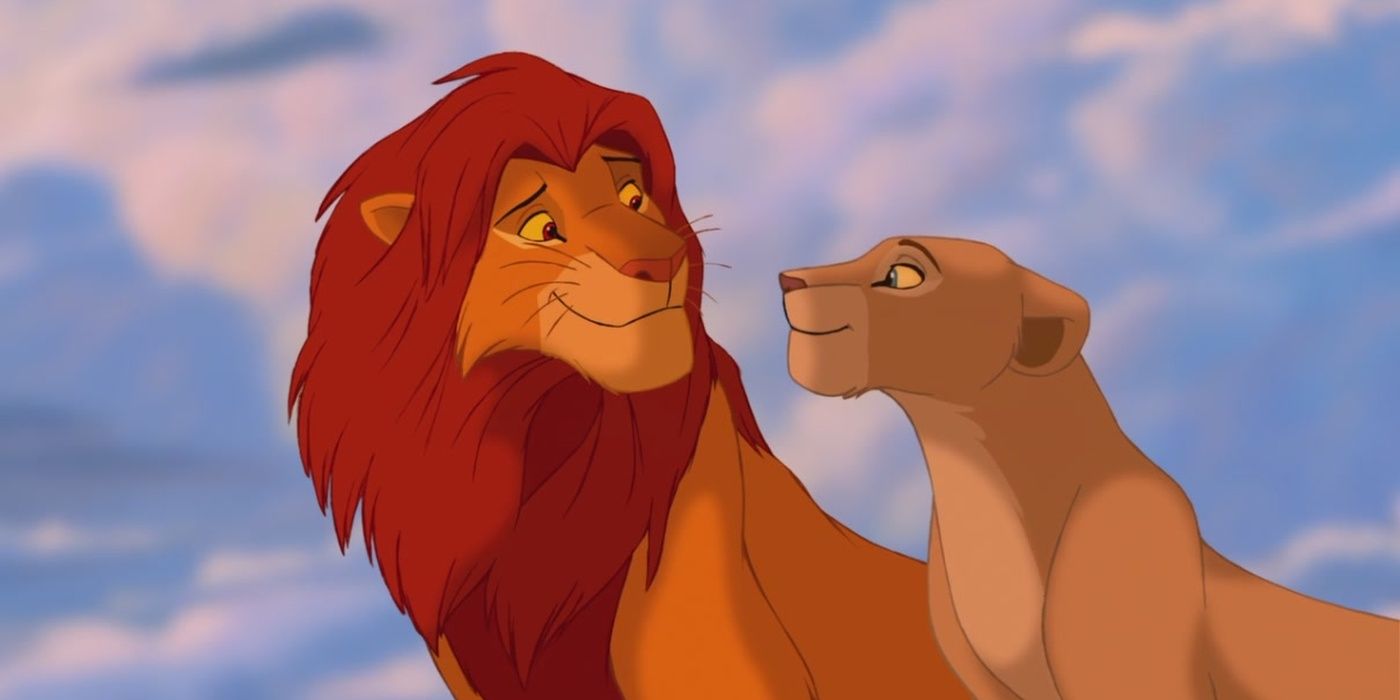An adult Simba and Nala standing together in The Lion King