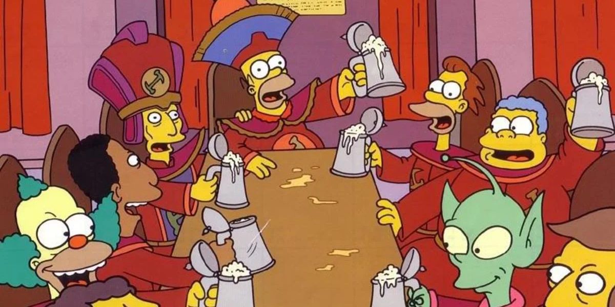Homer and other members of the Stonecutters sing and dance in gowns while drinking beer