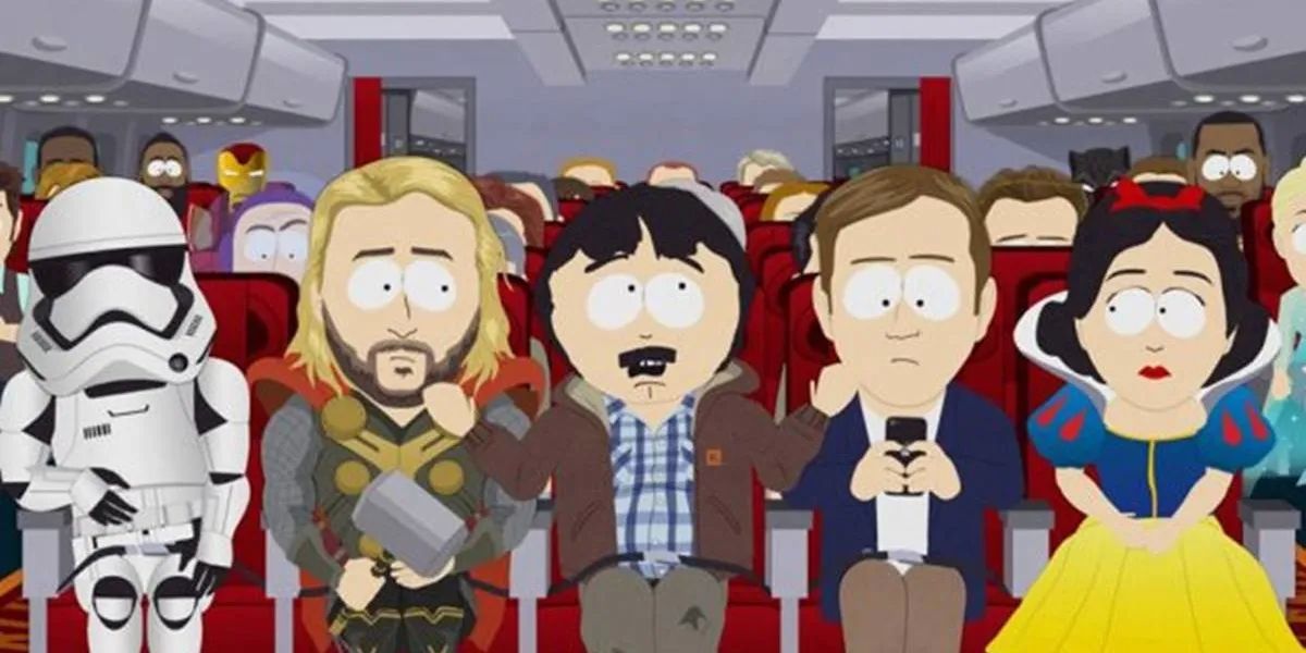 A still of Randy Marsh among several Disney characters in the South Park episode &quot;Band in China.&quot;