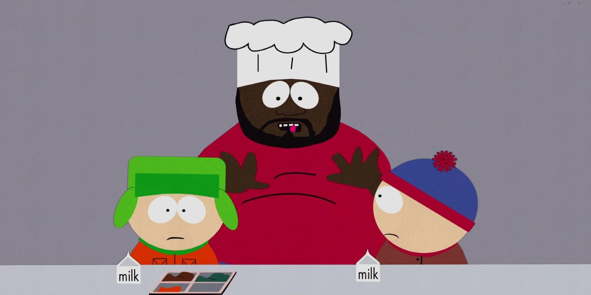 A still of Kyle, Stan, and Chef from South Park's first season.