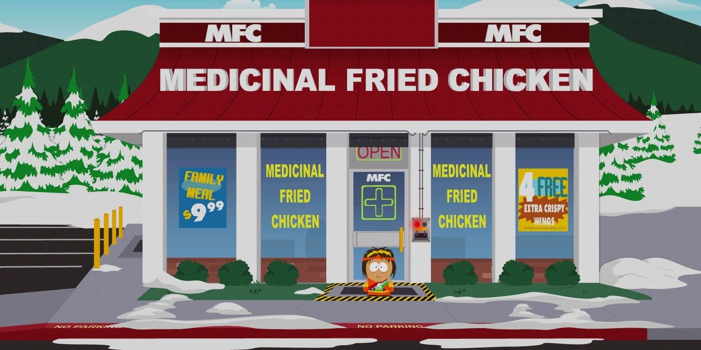 A kid stands in front of a building labeled &quot;Medicinal Fried Chicken&quot; in South Park.