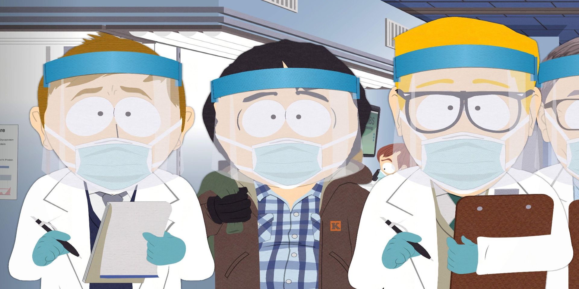 Randy standing in between two scientists with clipboards in South Park.