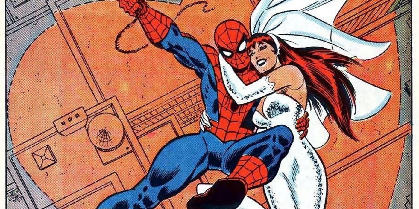 Spider-Man swings with Mary Jane in a bridal gown beside him in Marvel Comics.