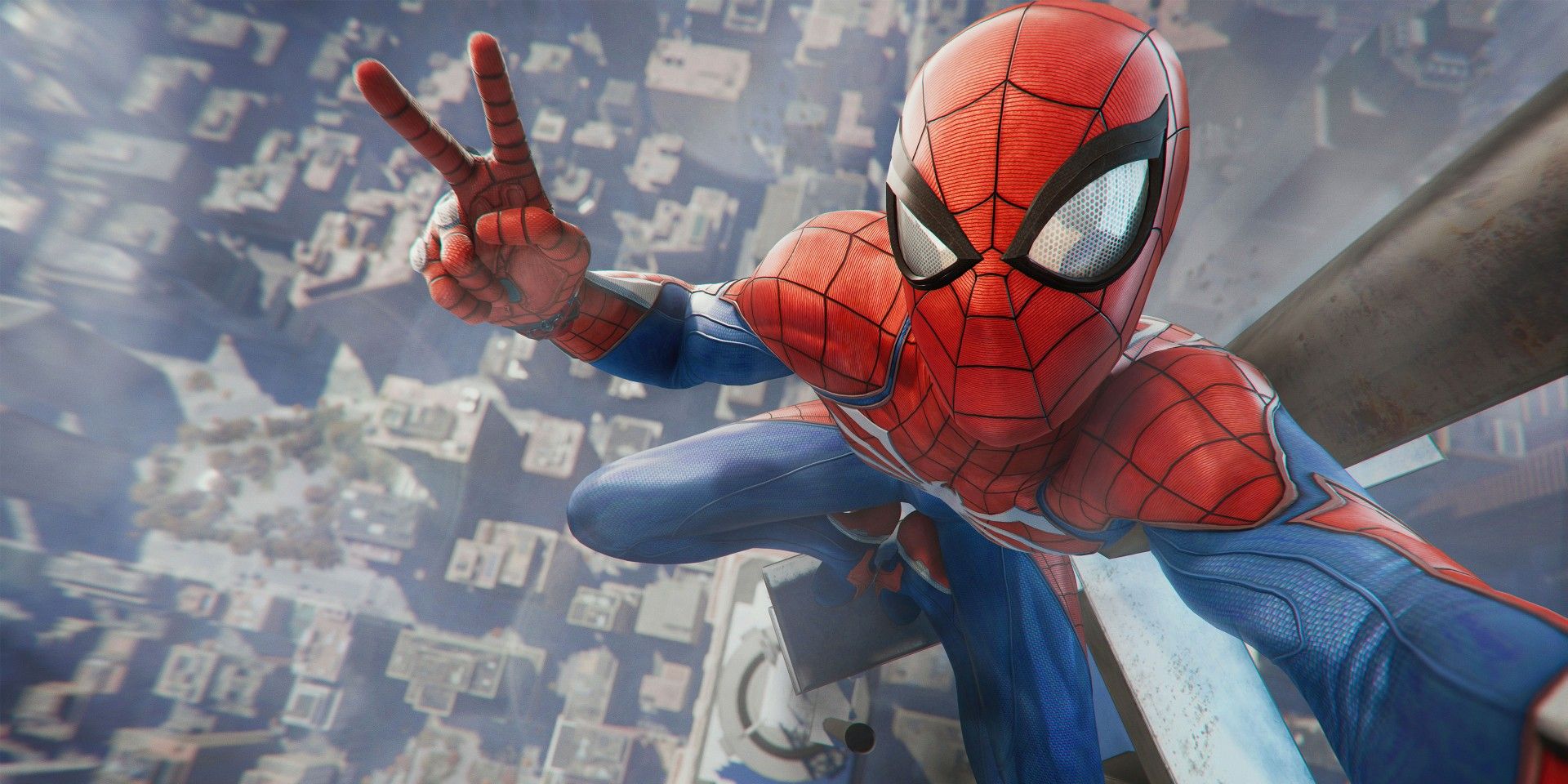 Homem-Aranha tirando uma selfie em cima de um arranha-céu em Marvel's Spider-Man para PS4
