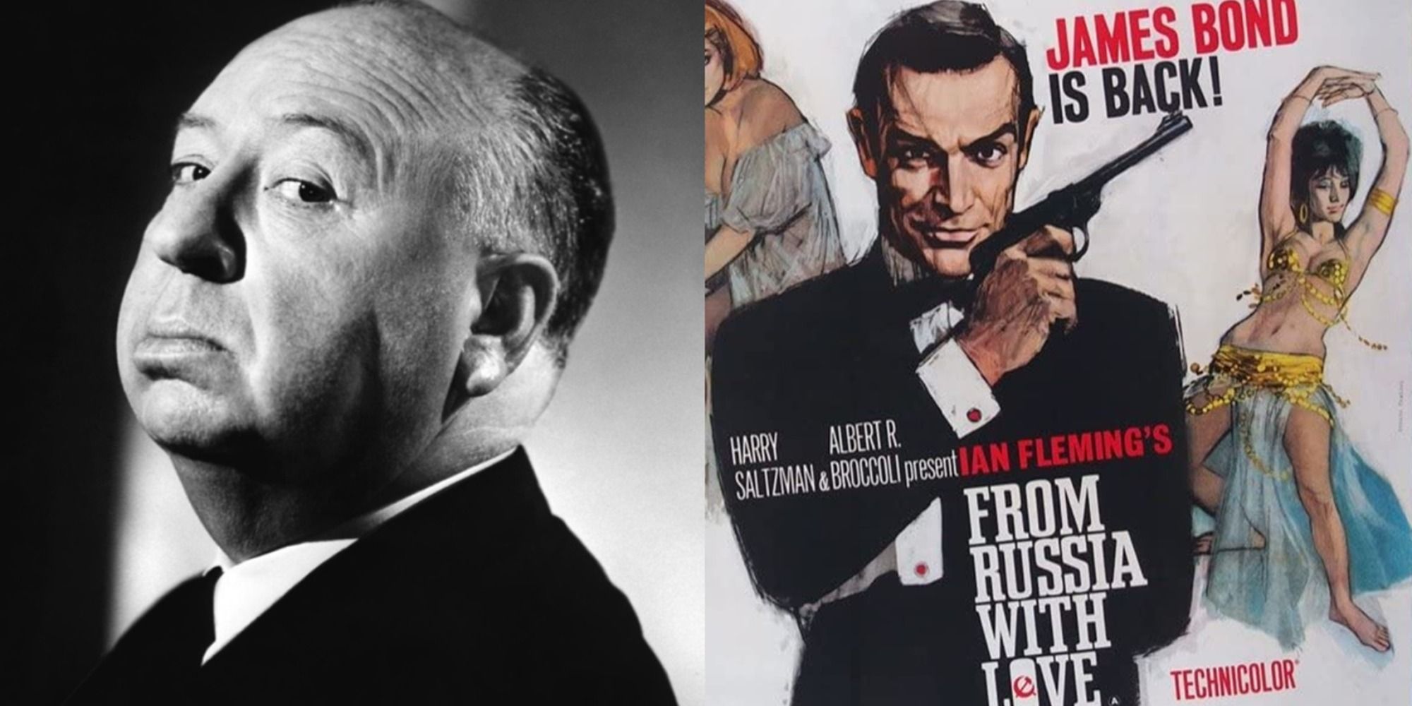 Split image of Alfred Hitchcock and the poster for from Russia With Love