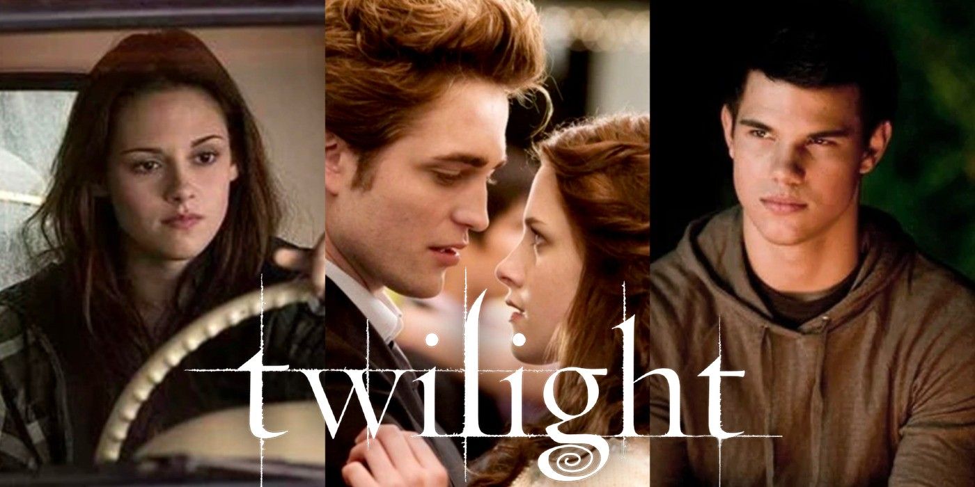 Imagem dividida de Bella dirigindo, Edward e Bella olhando um para o outro e Jacob nos filmes Crepúsculo com o título no topo