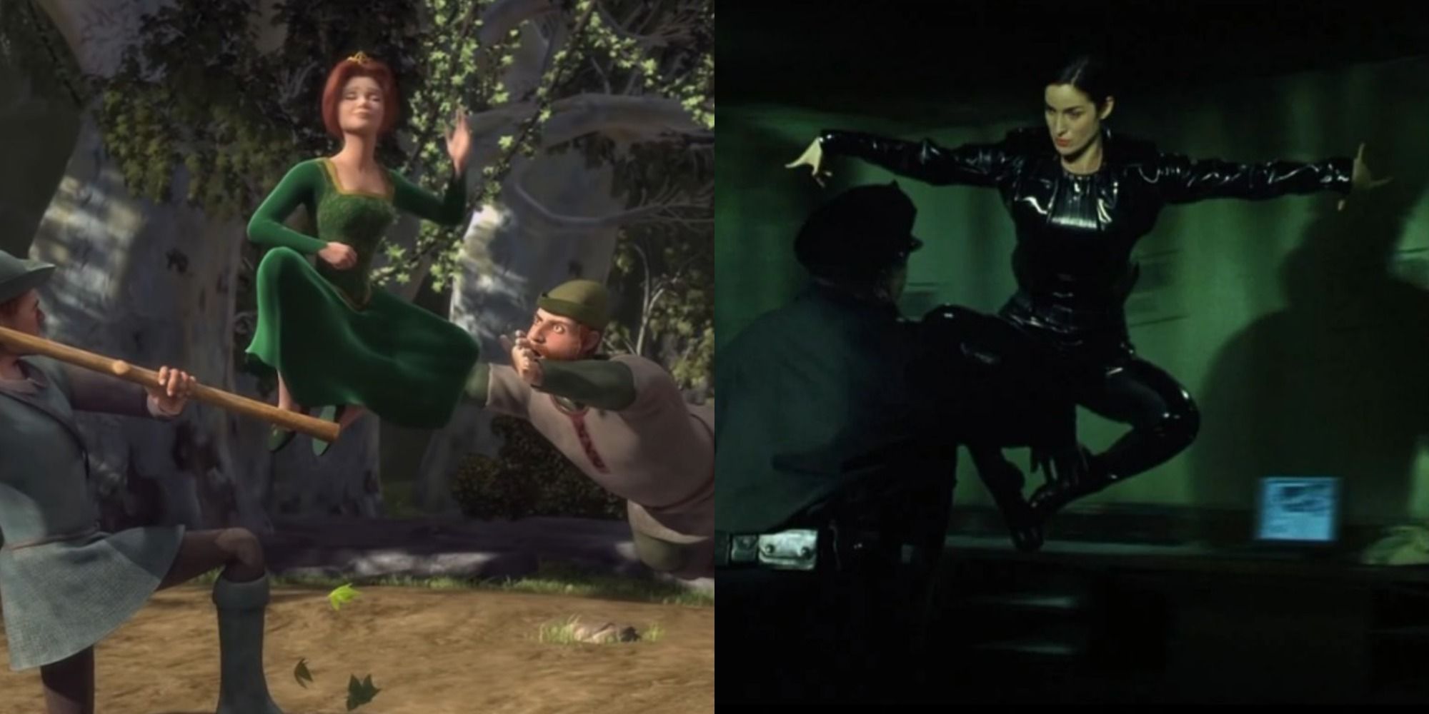 Split image of Fiona from Shrek and Trinity from The Matrix doing the same kick move