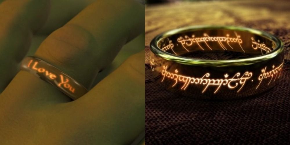 Split image of Fiona's glowing wedding ring from Shrek and the glowing Ring of Power from The Lord of the Rings