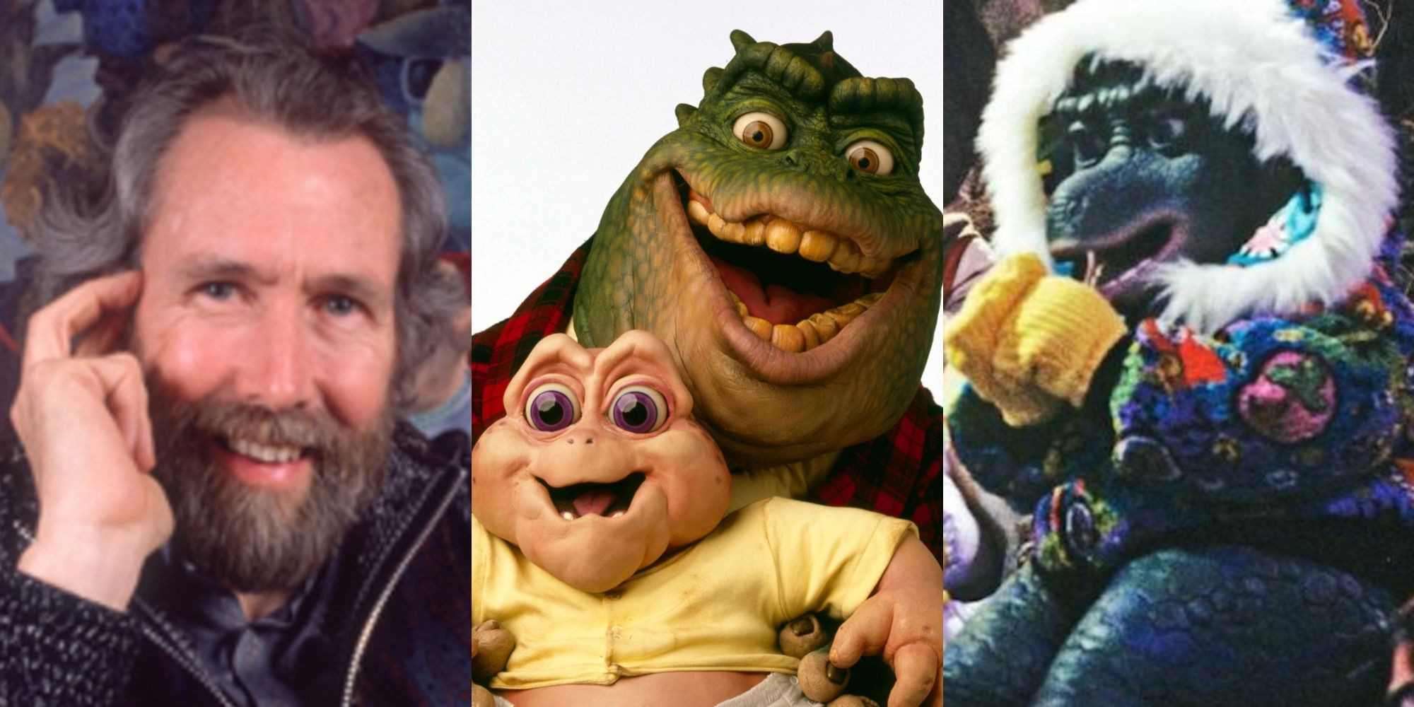 Split image of Jim Henson with the dinosaurs from the Dinosaurs TV show